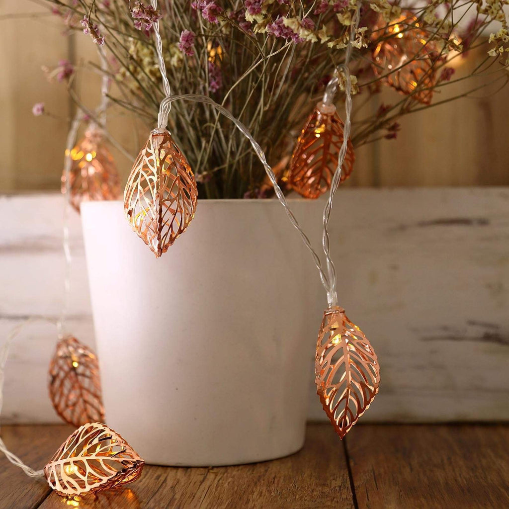 5 ft 10 LED Rose Gold Metal Leaves Fairy Lights Battery Operated Garland